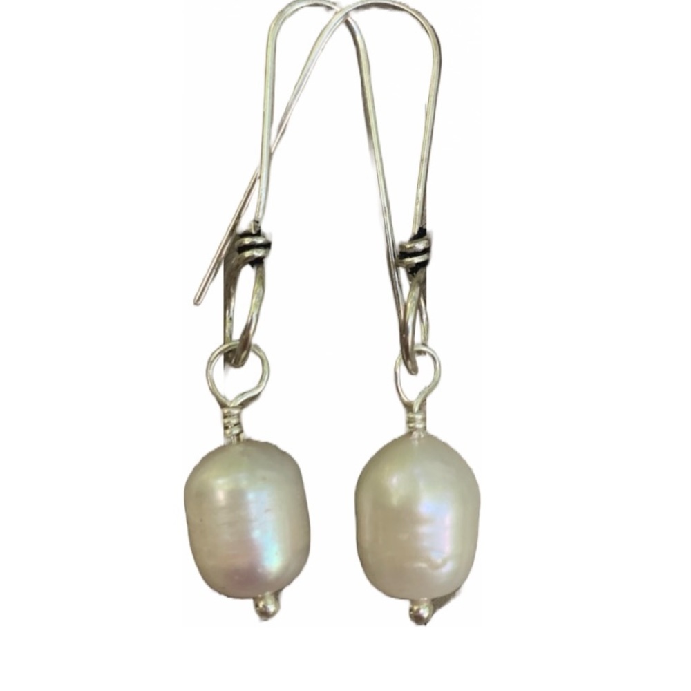 SOLD Pearl White Barrel Earrings.SS Twisted ear wire. Jewelry Store Quality - Picture 1 of 11